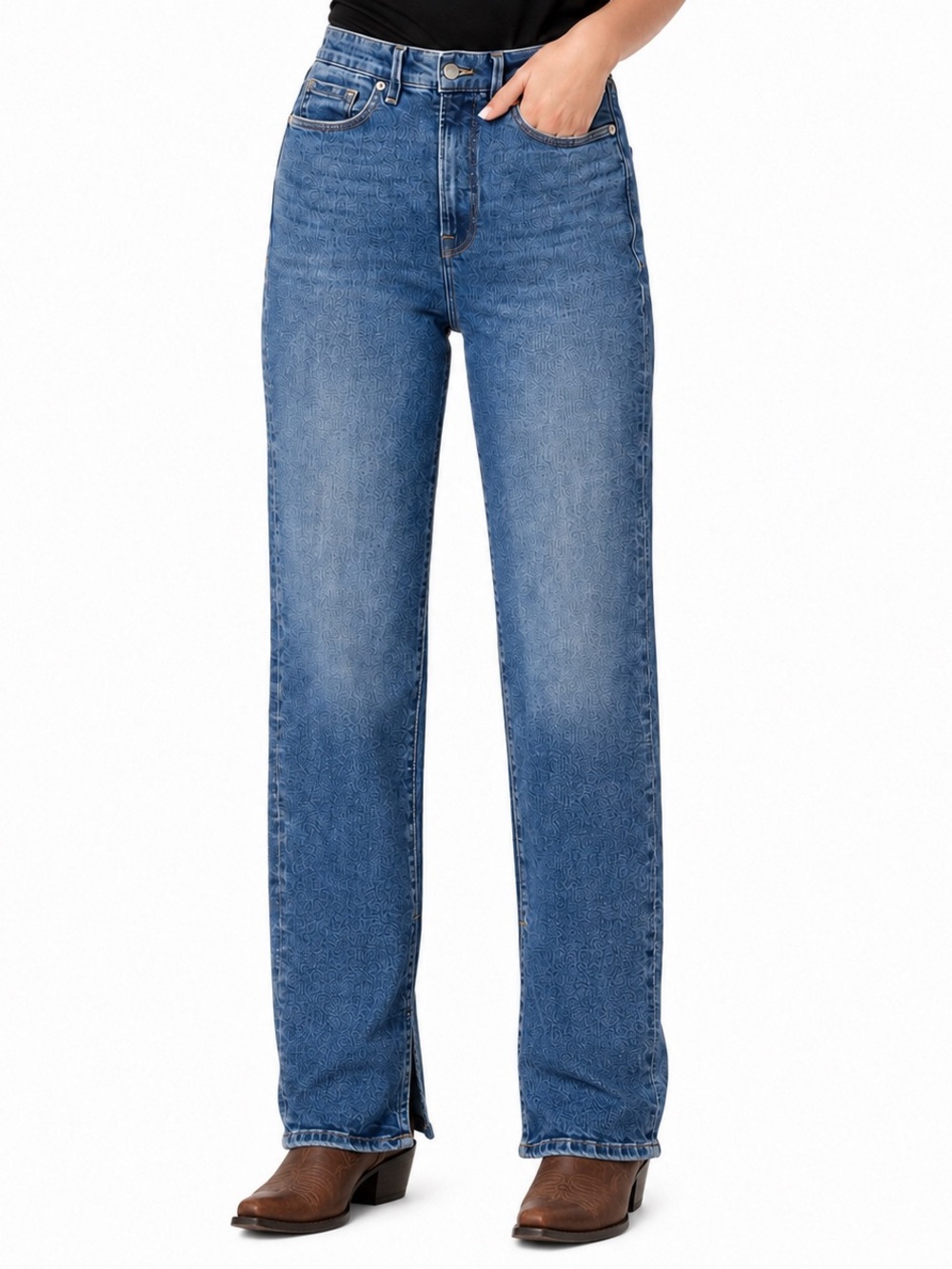Good American Good Boy Jeans 8/29 High Rise Straight Leg Split Hem